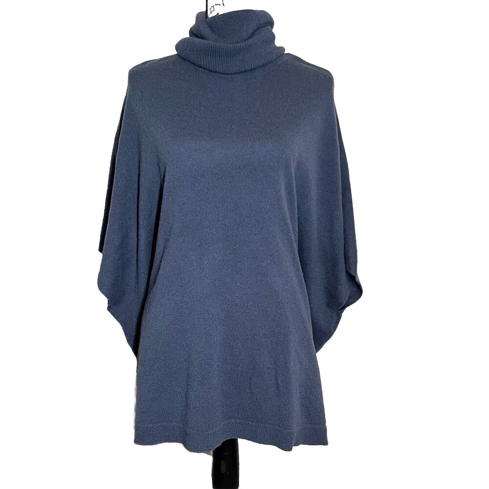 GARNET HILL Cashmere Turtleneck Sweater Small Blue Cape Poncho Minimal Lagenlook